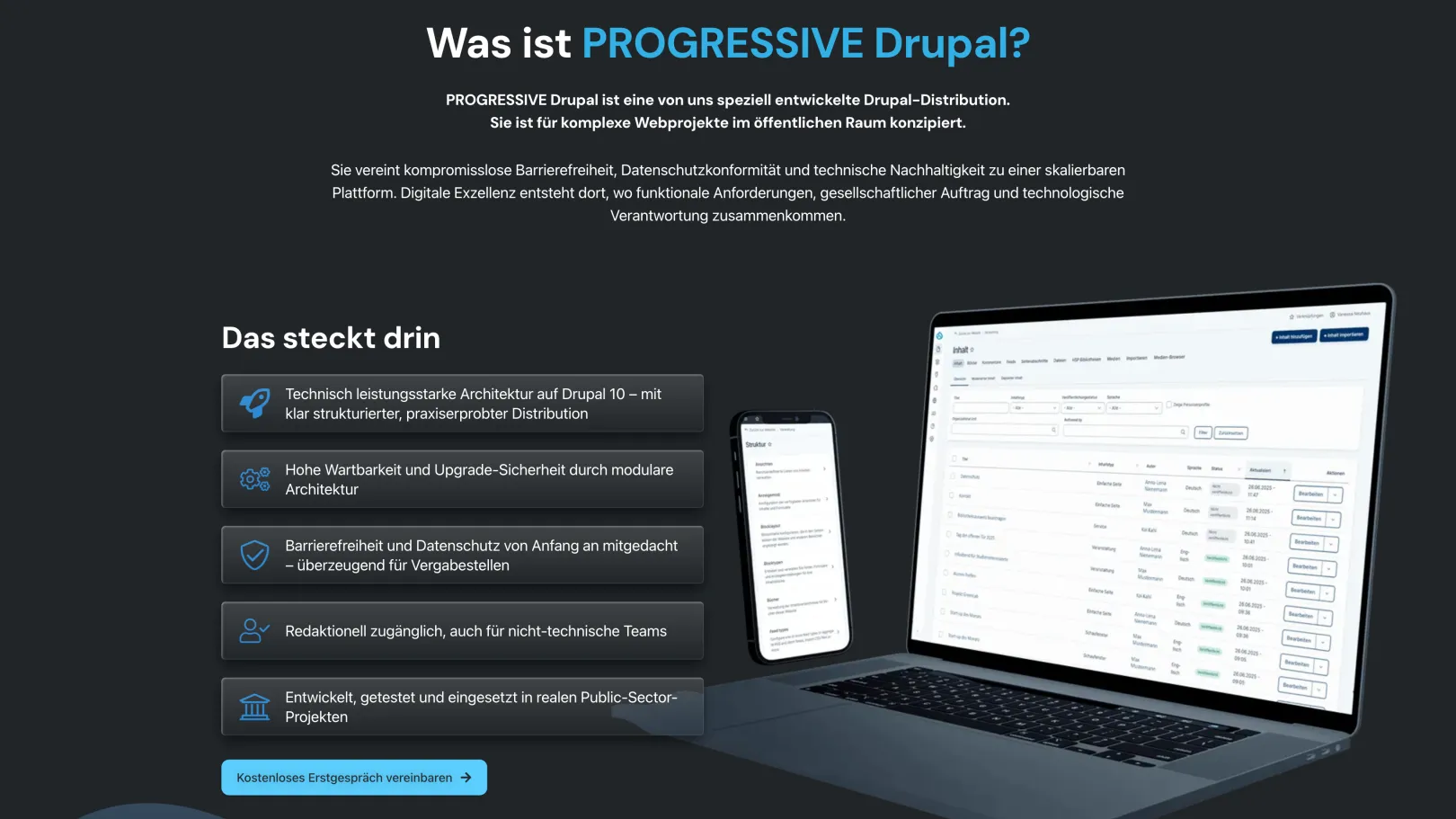 Interior page of a PROGRESSIVE Drupal Distribution deployment showing component-based content structure with accessible navigation, breadcrumb trail, and editorial content blocks within institutional corporate design.