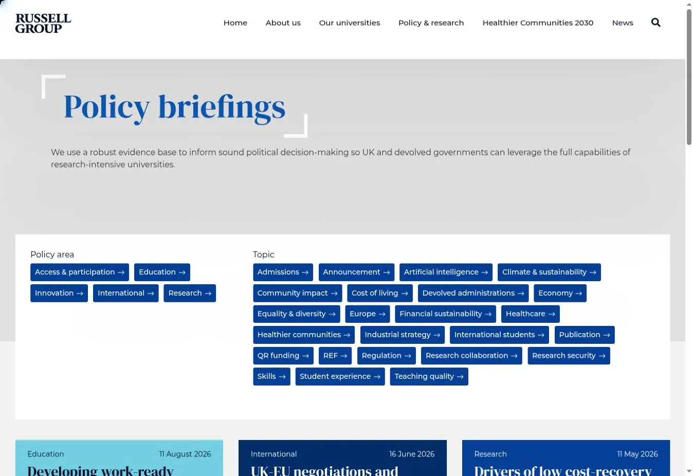  Policy briefings page with links for browsing by policy area and topic, above the briefing cards