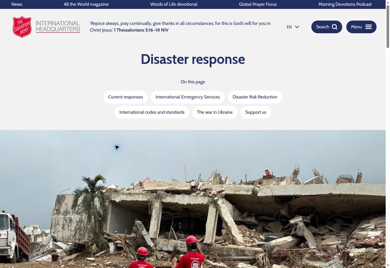Salvation Army disaster response page with in-page navigation and a photograph of volunteers approaching a collapsed building