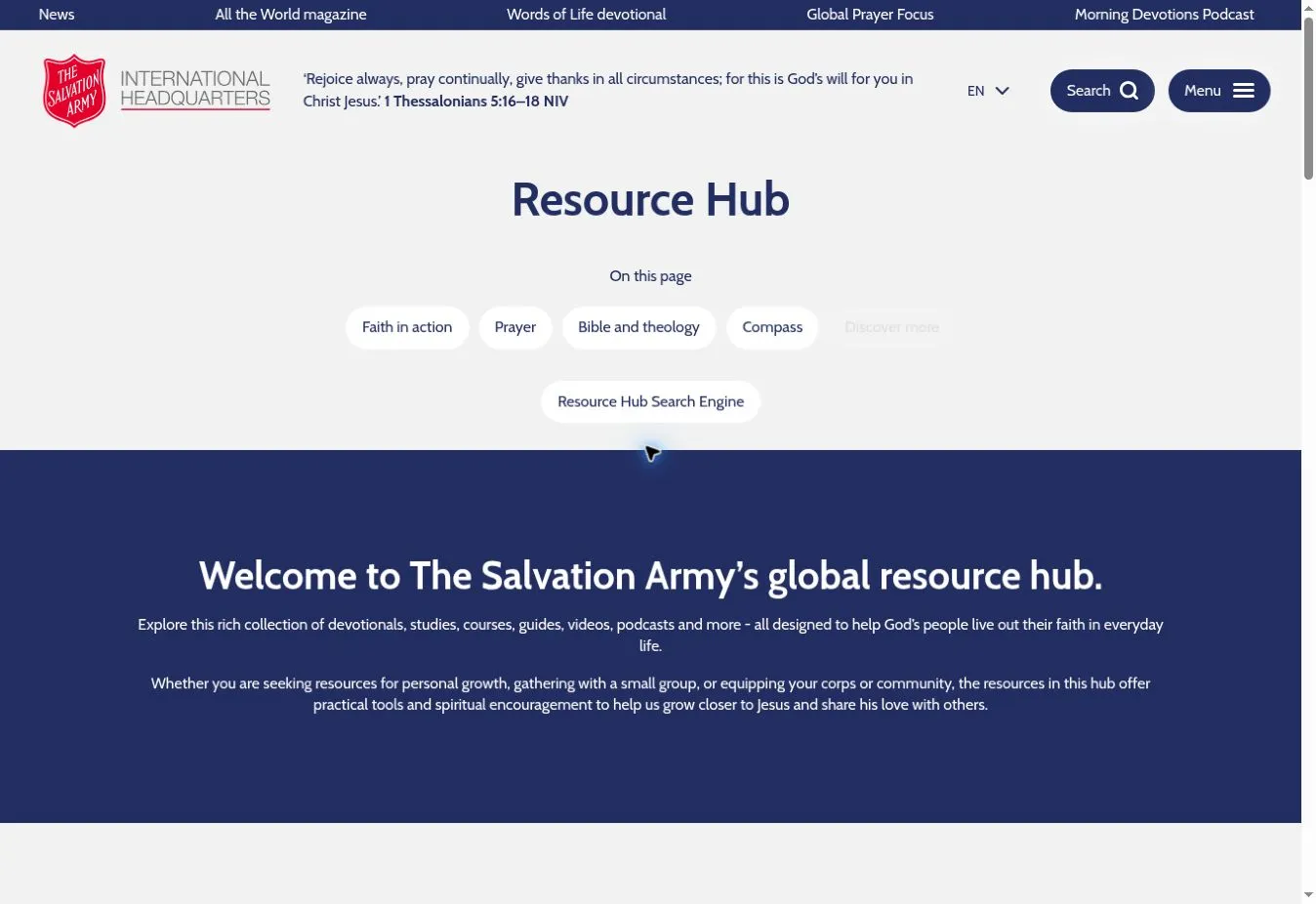 Salvation Army Resource Hub with links to faith, prayer, Bible and theology resources