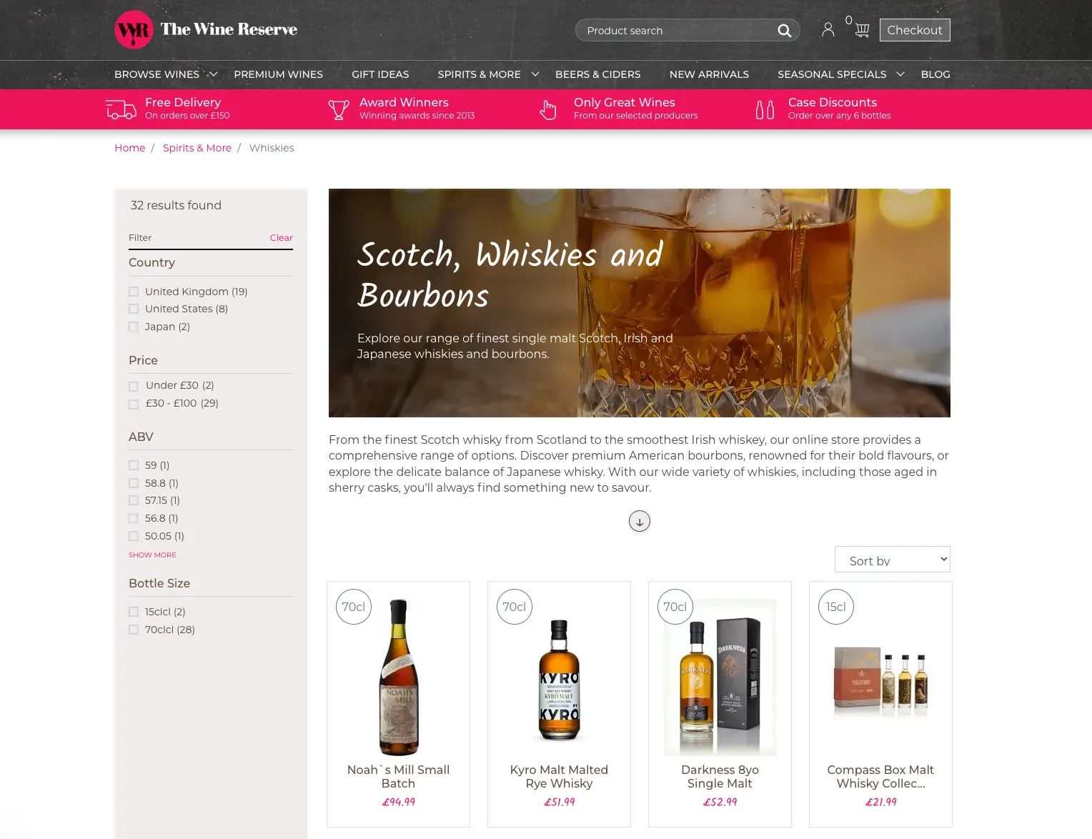 whiskey page with various whiskey products listed on it