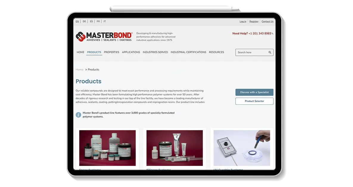 Tablet displaying MasterBond's product page, featuring various adhesive and sealant products with descriptions and options for assistance.