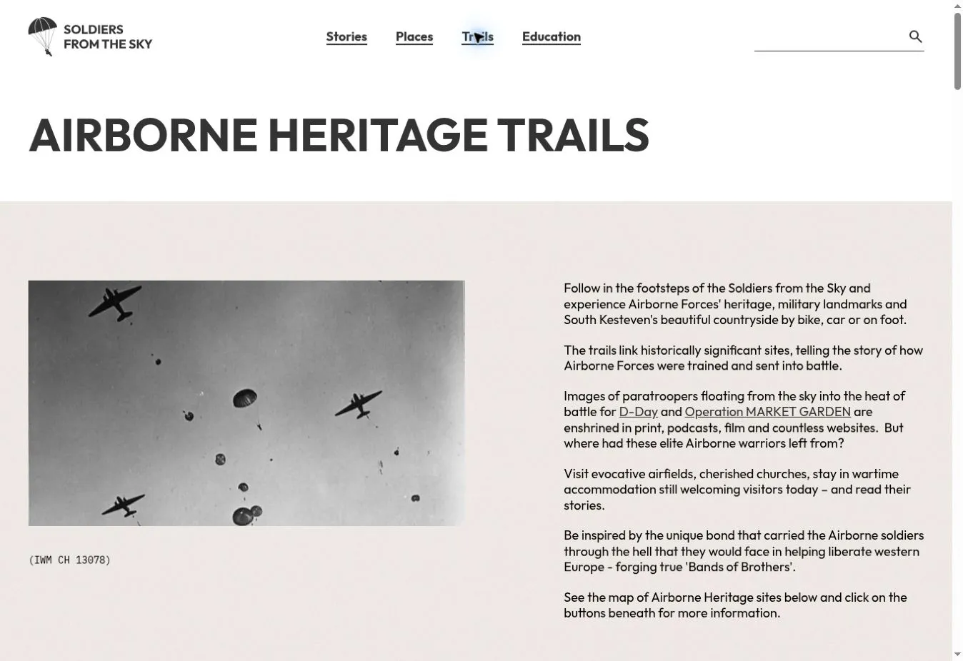 Airborne Heritage Trails page with a historic parachute photograph and an introduction to exploring South Kesteven