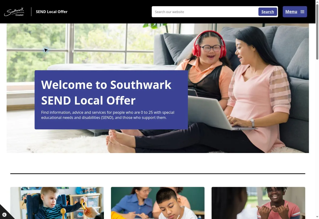 Southwark SEND Local Offer homepage introducing information and services for people aged 0–25