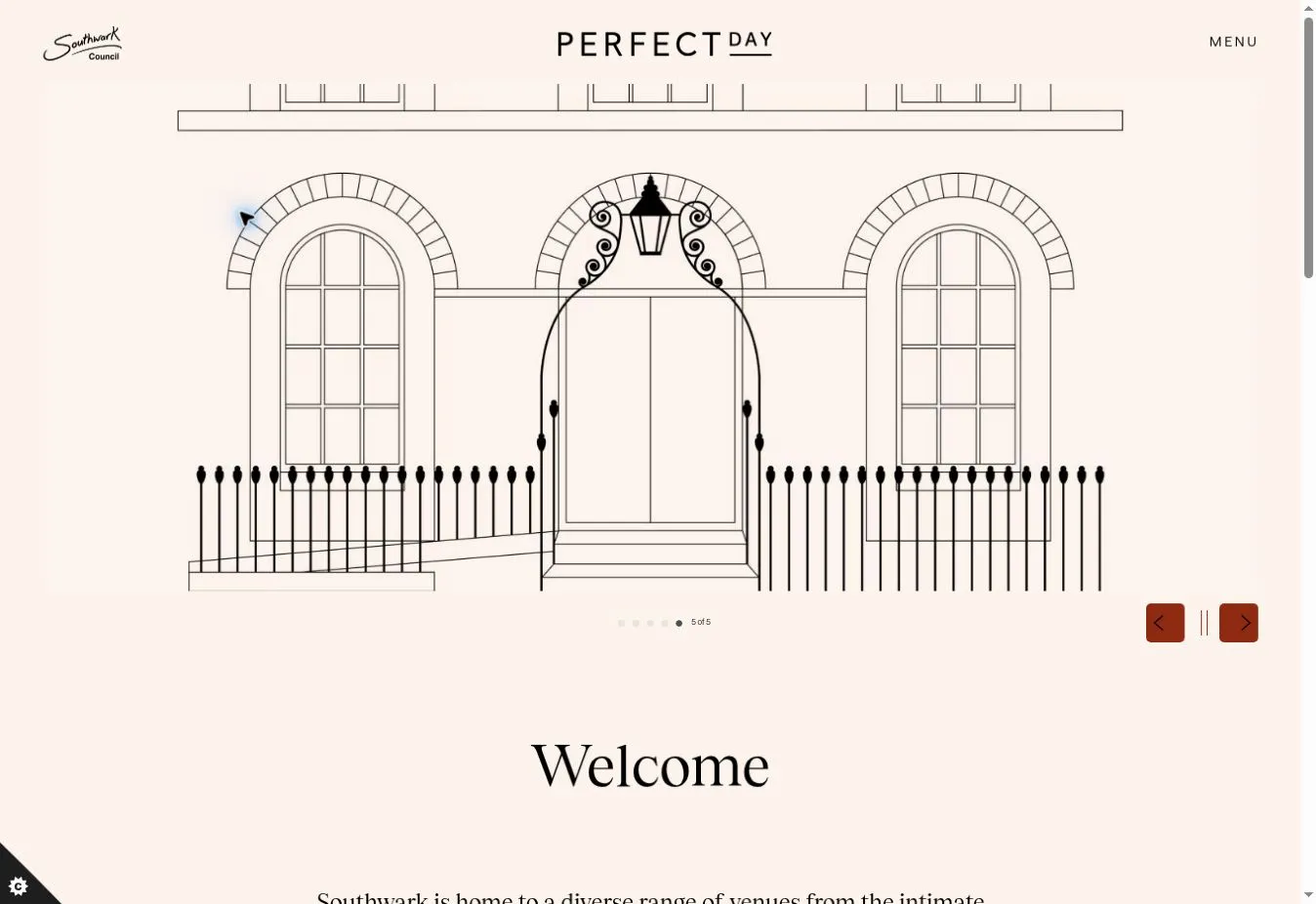 Perfect Day Southwark homepage with its ceremony brand and illustration of Camberwell House