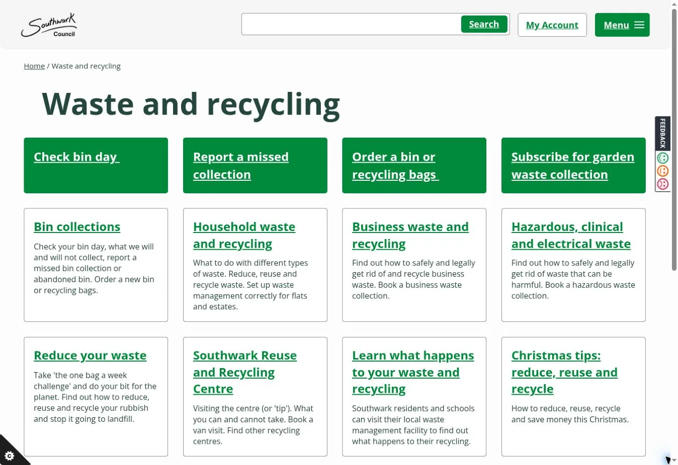 Southwark’s waste and recycling page with prominent task links and service categories