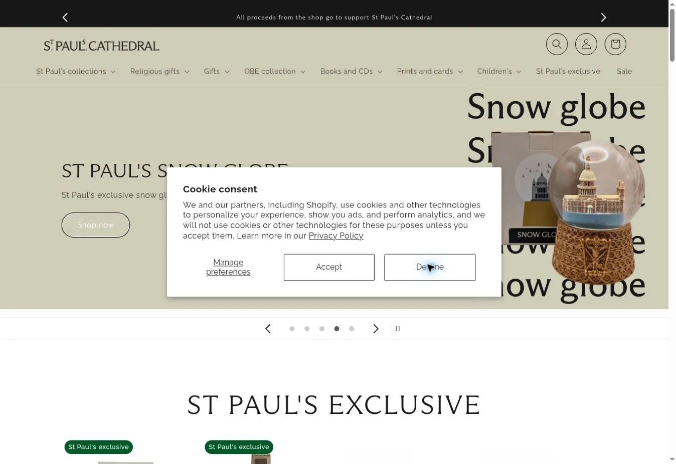 St Paul’s Cathedral Shopify shop displaying the new wordmark, product-category navigation and a branded product promotion