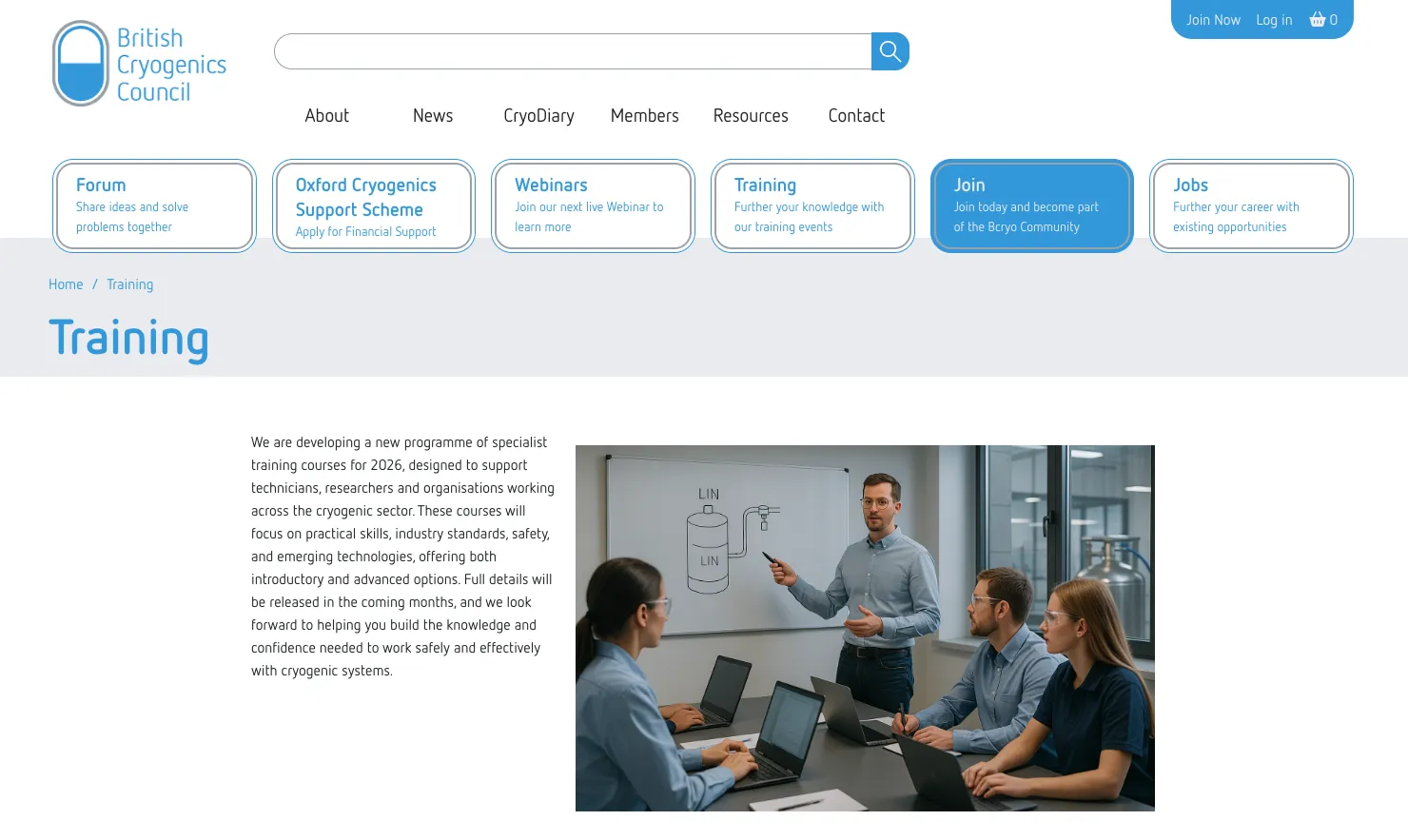  training page of the website  and an image of a man teaching students on a whiteboard