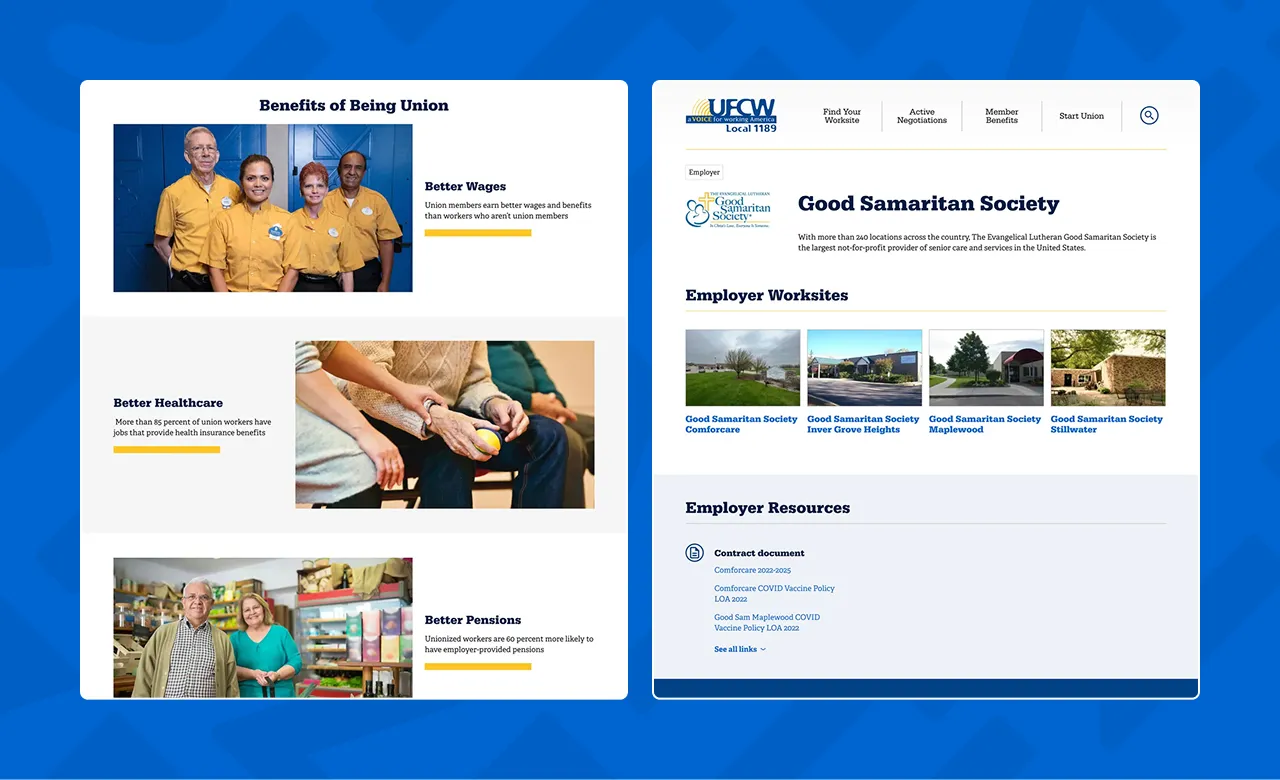 screenshots of UFCW website pages