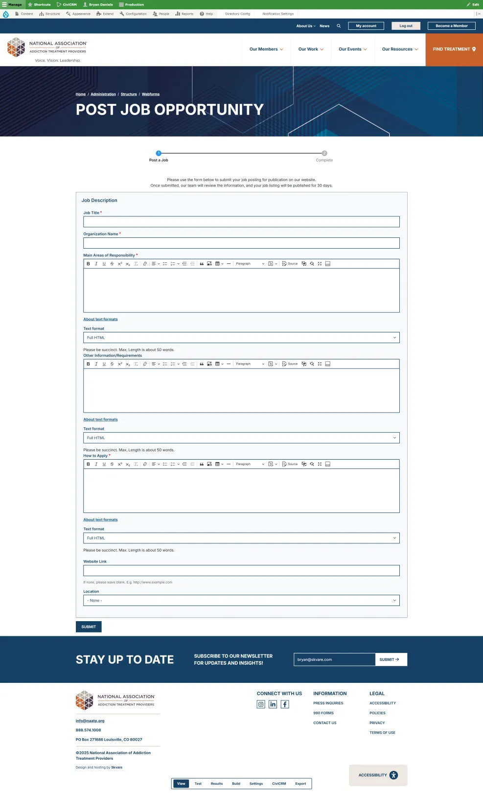 Form collecting information about job postings