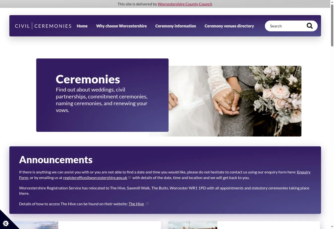 Worcestershire Ceremonies homepage with purple branding, ceremony navigation and a wedding photograph