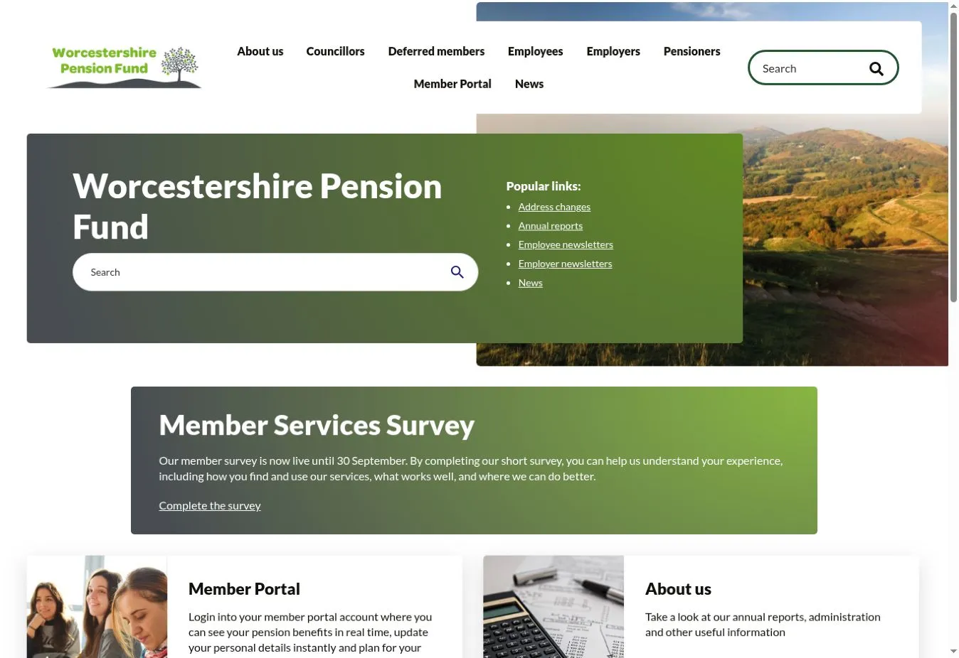 Worcestershire Pension Fund homepage with green branding, search and links for different member groups