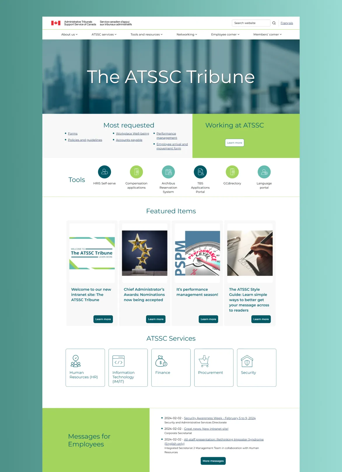 Home page of the intranet.