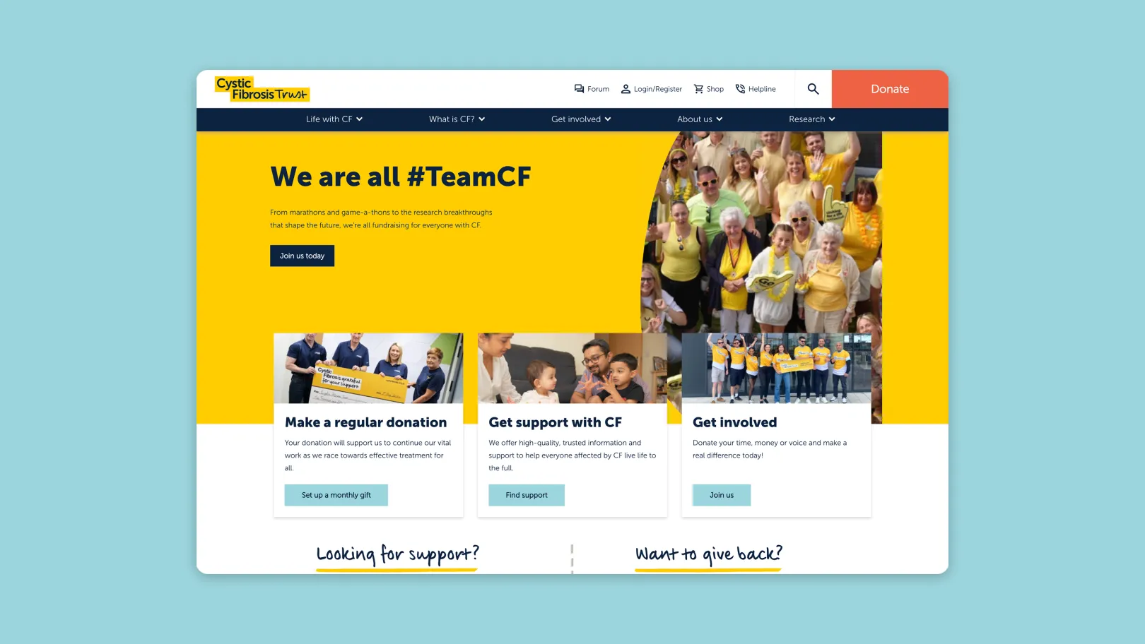 Cystic Fibrosis Trust homepage showing a bright yellow hero banner with the message ‘We are all #TeamCF’, a large group photo of supporters in yellow shirts, and three feature cards linking to donation, support, and involvement options.