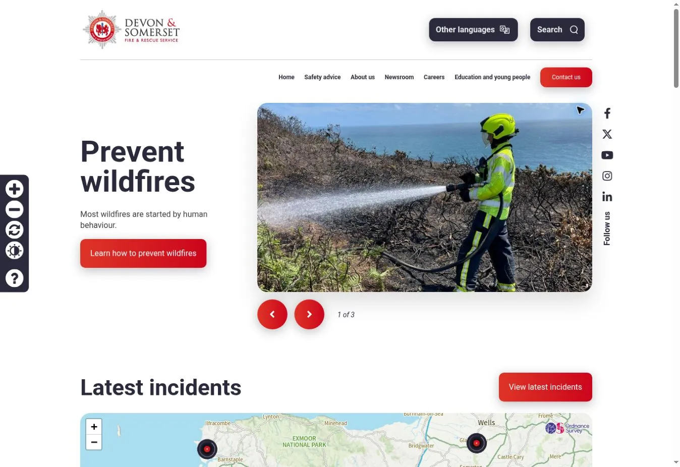 Devon and Somerset Fire and Rescue Service homepage showing wildfire prevention advice and the latest incidents map
