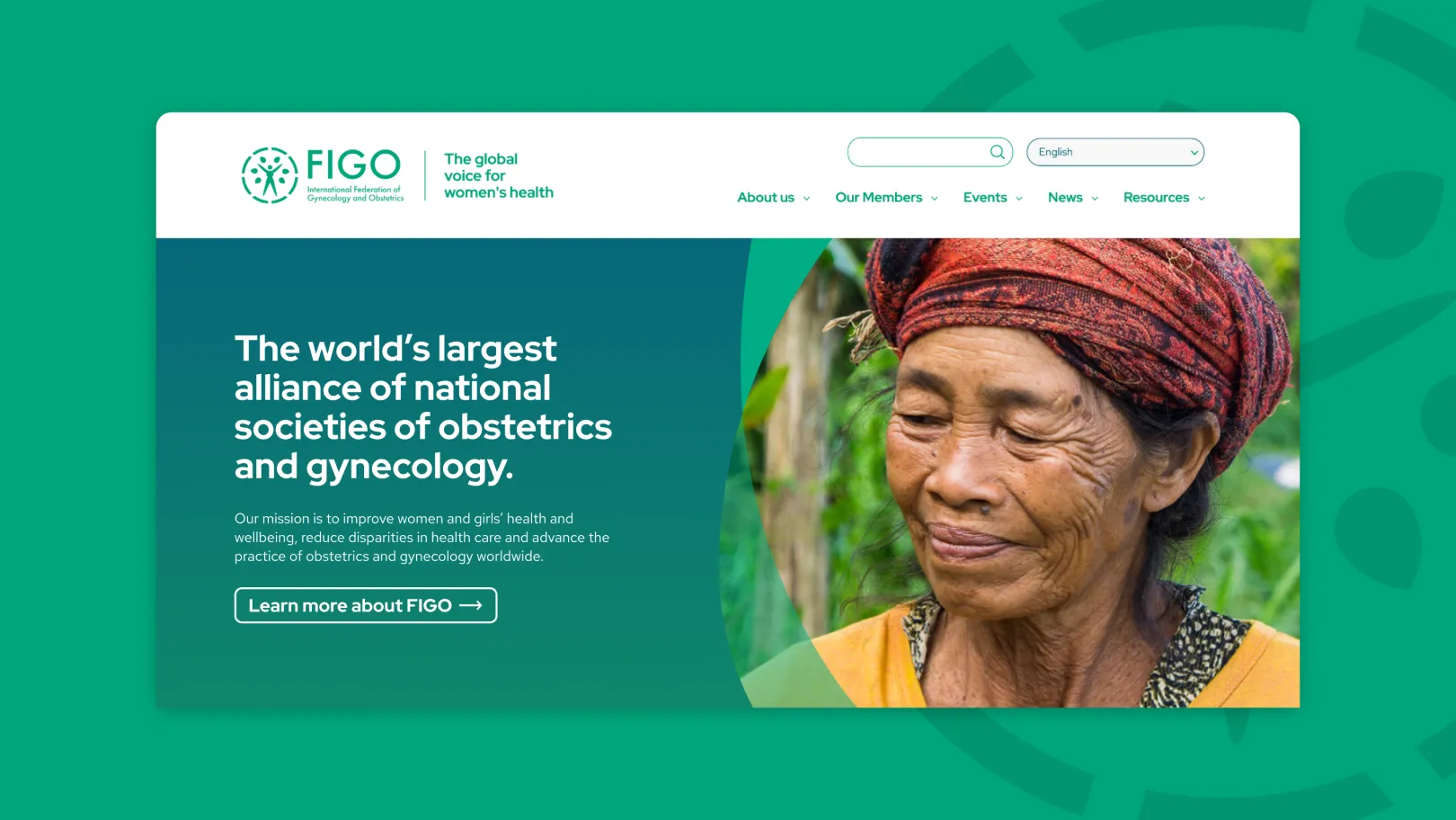 FIGO homepage showing a green hero banner with the message about being the world’s largest alliance of obstetrics and gynecology societies, alongside a portrait of an older woman outdoors.