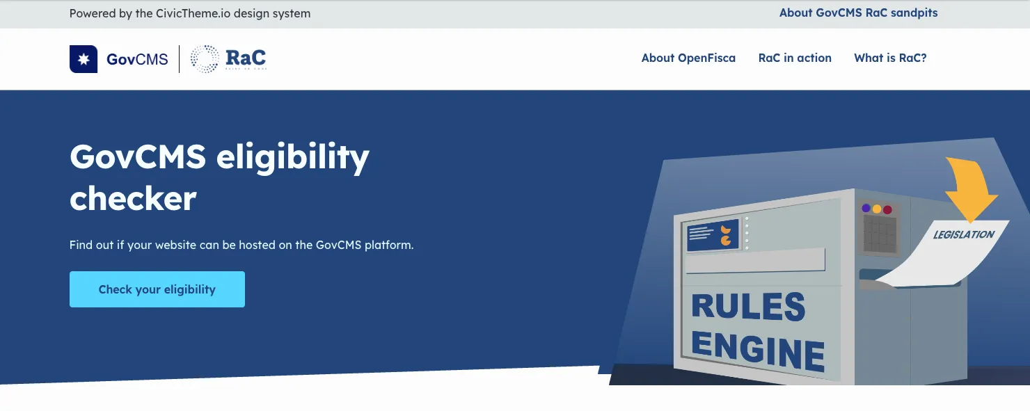 Homepage image from one of the GovCMS sandpit Rules as Code proofs of concept