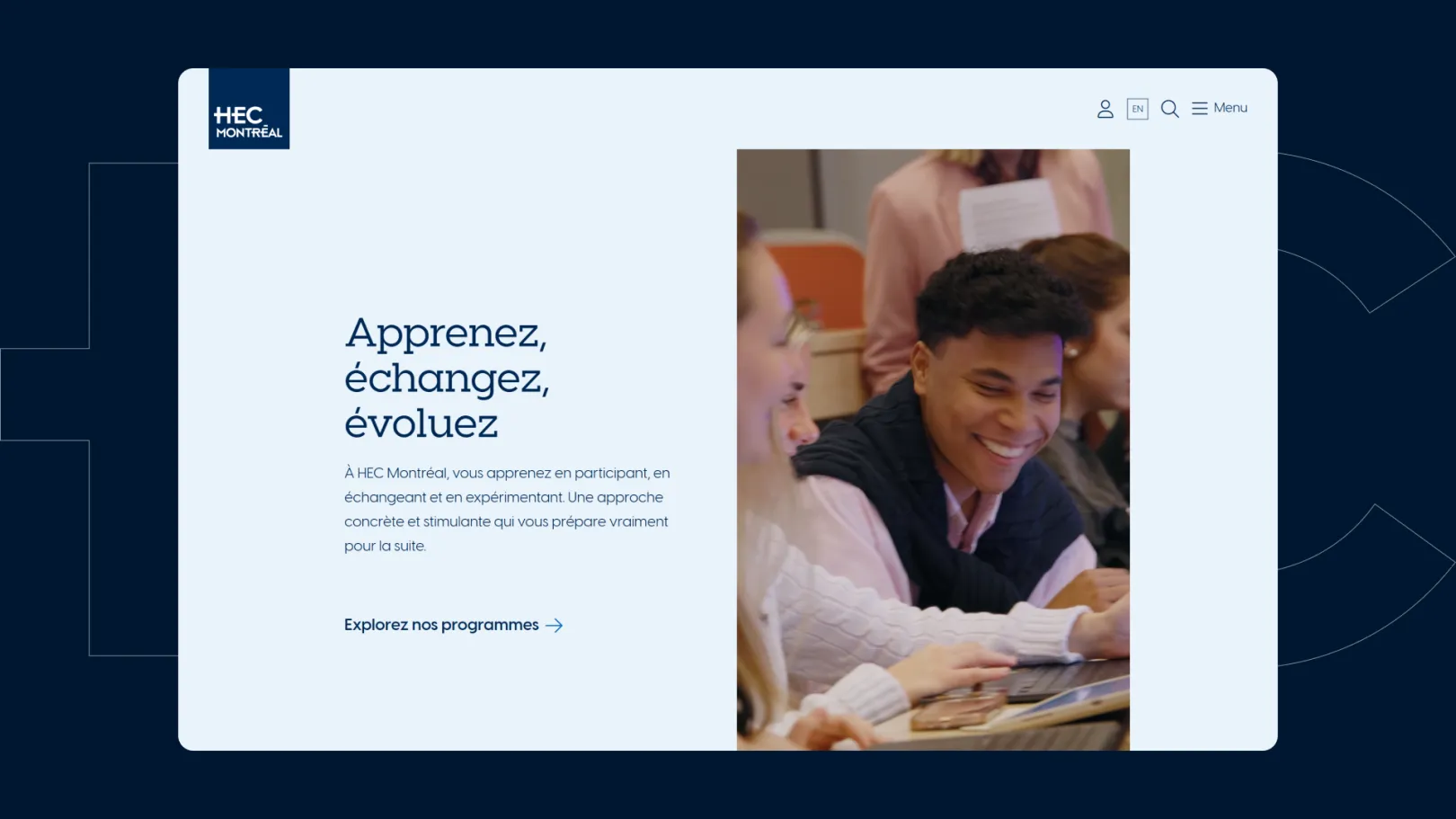 Screenshot of the HEC Montréal website showing a homepage banner with the text “Learn, exchange, evolve” beside a photo of smiling students working together in class.