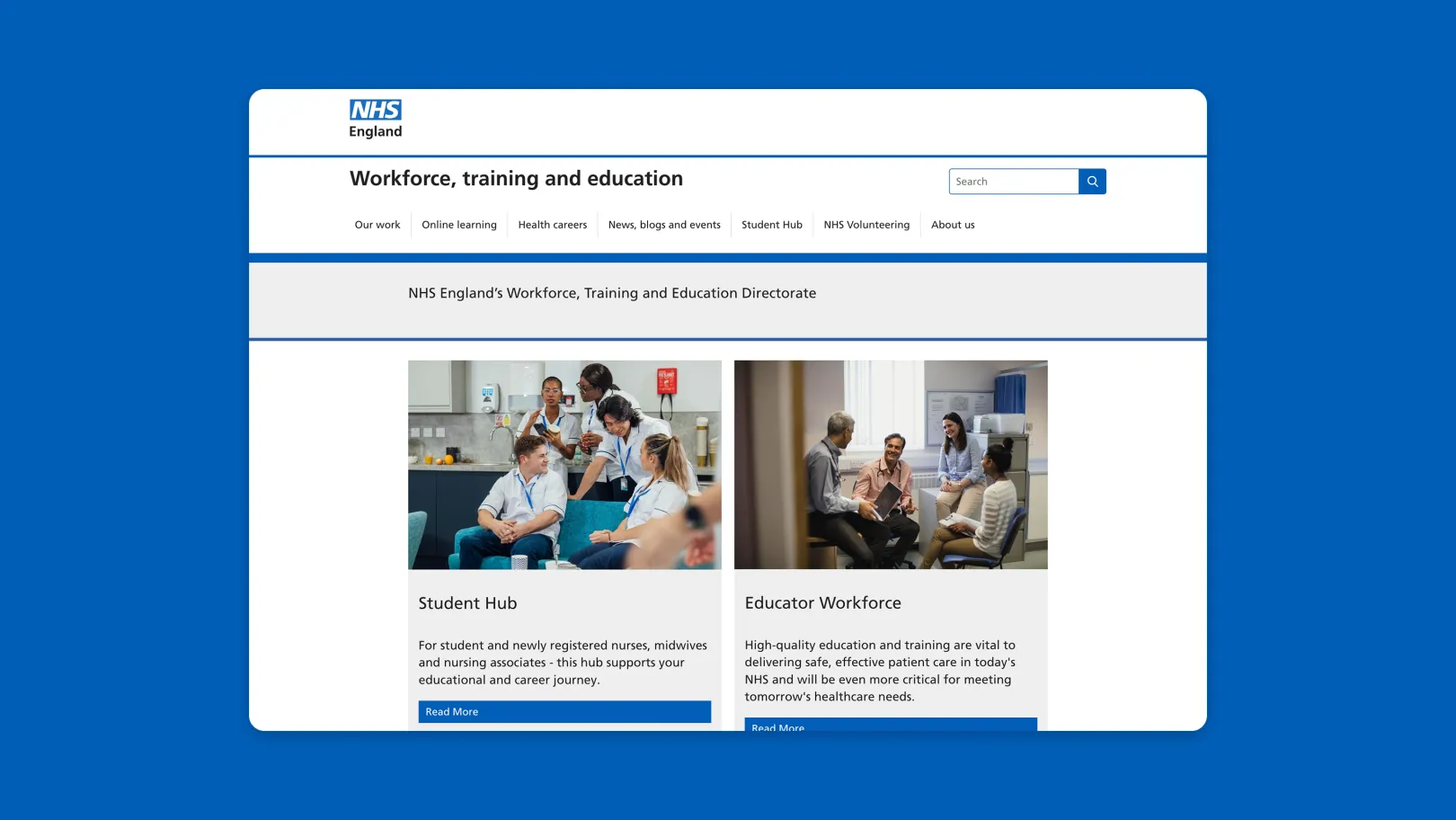 NHS England Workforce, Training and Education webpage showing navigation, search bar, and content cards linking to sections such as Student Hub and Educator Workforce.
