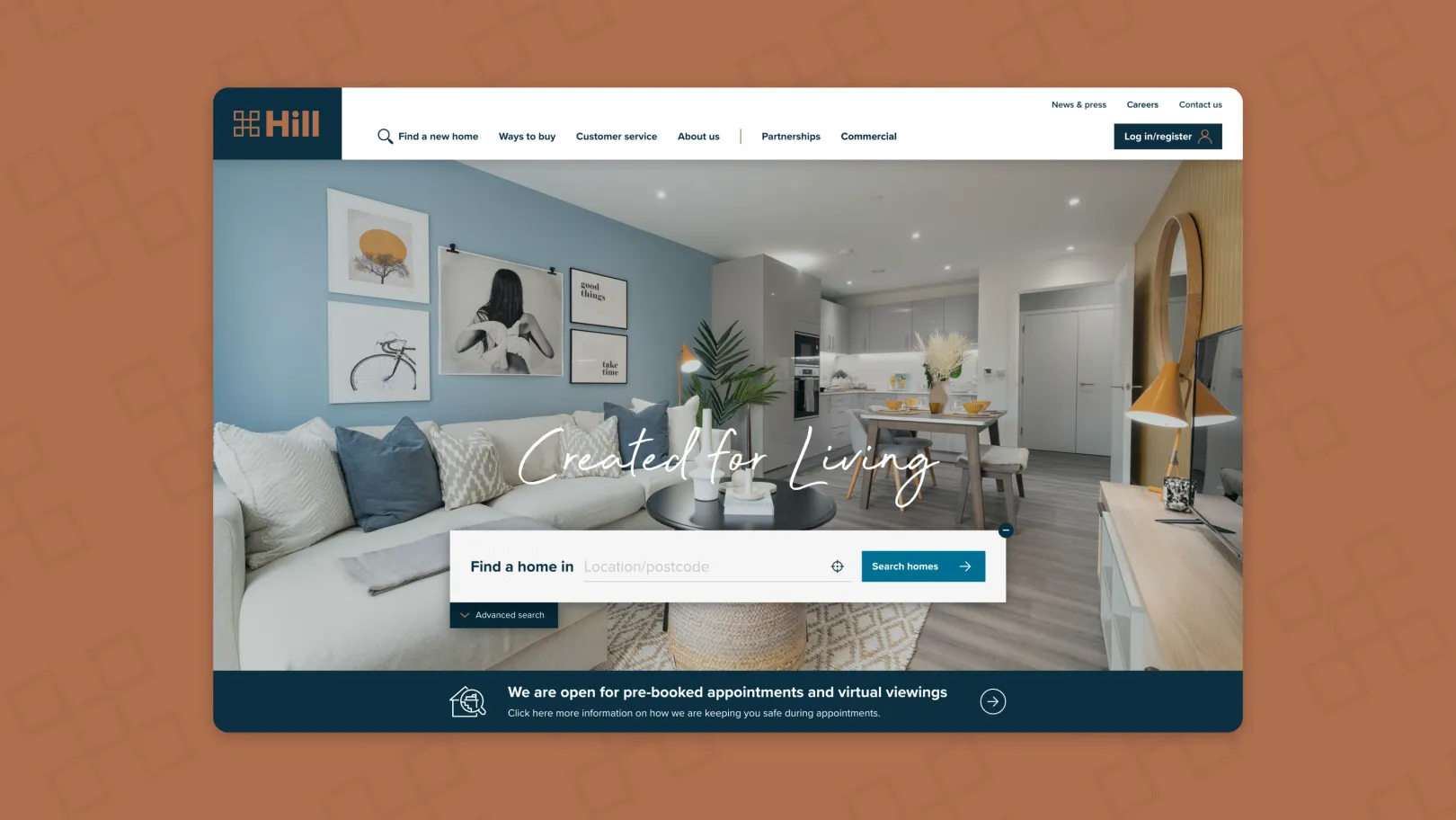Hill website homepage featuring a modern living room and kitchen interior, with the headline ‘Created for Living’ and a property search bar for finding homes by location or postcode.