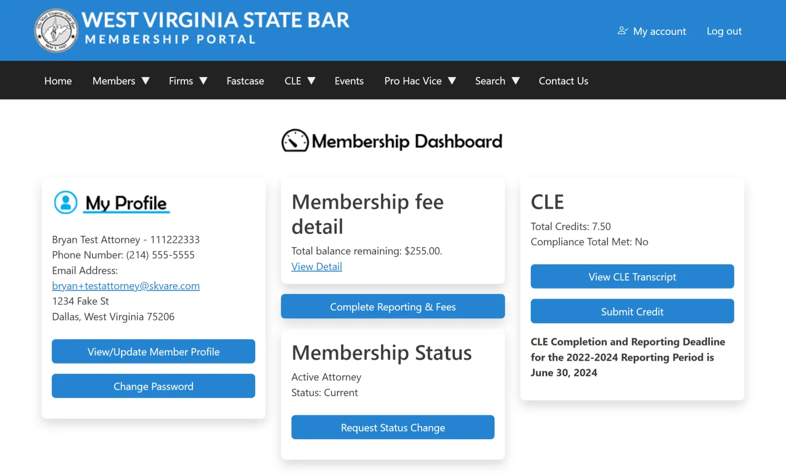 Website Dashboard showing contact info, balance, membership details, and CLE Credits