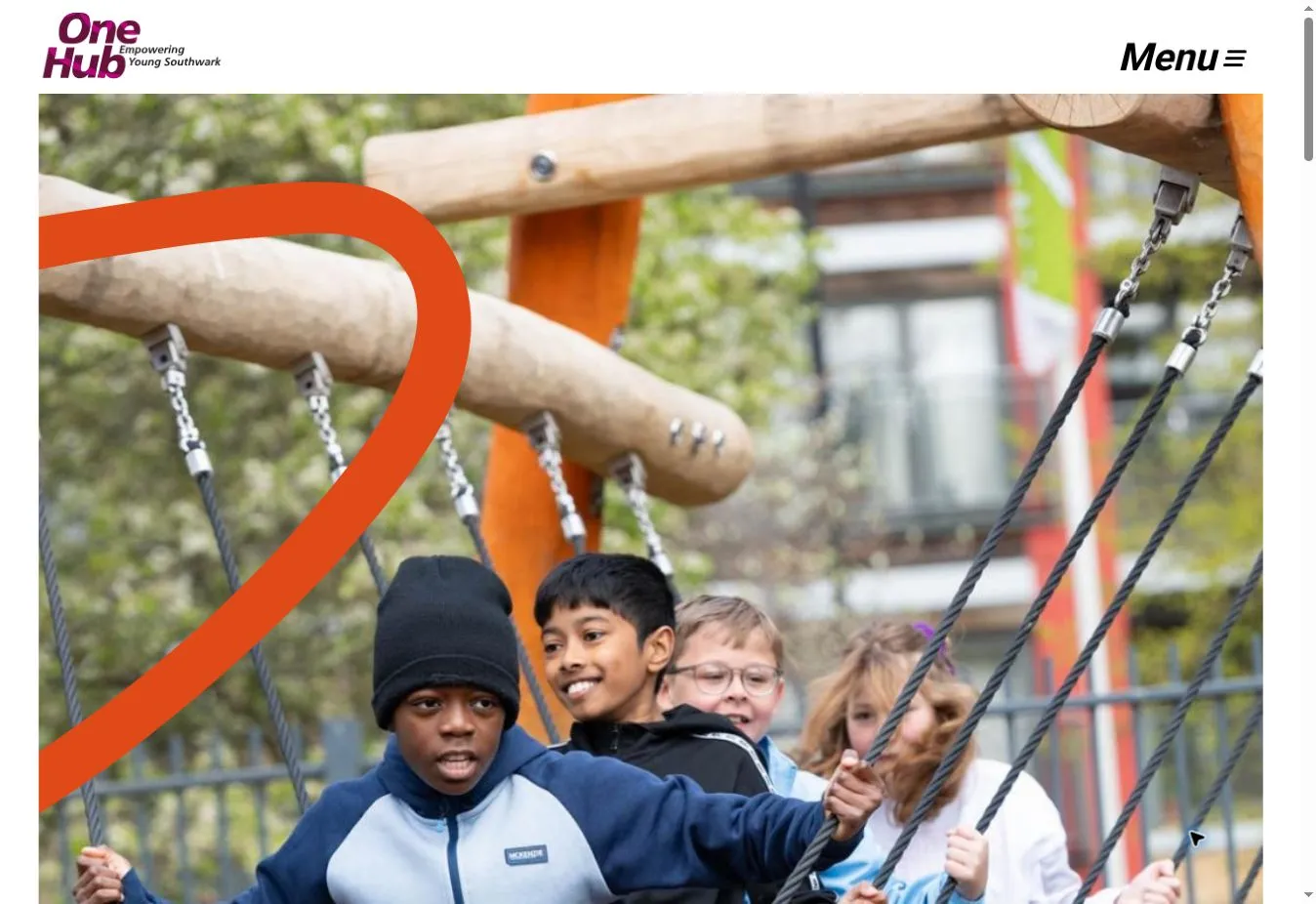 One Hub Southwark homepage featuring the One Hub logo and young people playing at Ellen Brown Adventure Playground