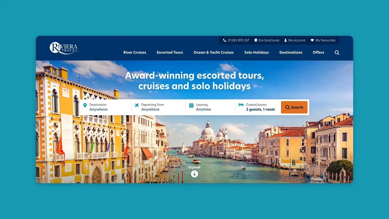 Riviera Travel homepage featuring Venice canal hero image and search bar for escorted tours, cruises and solo holidays.