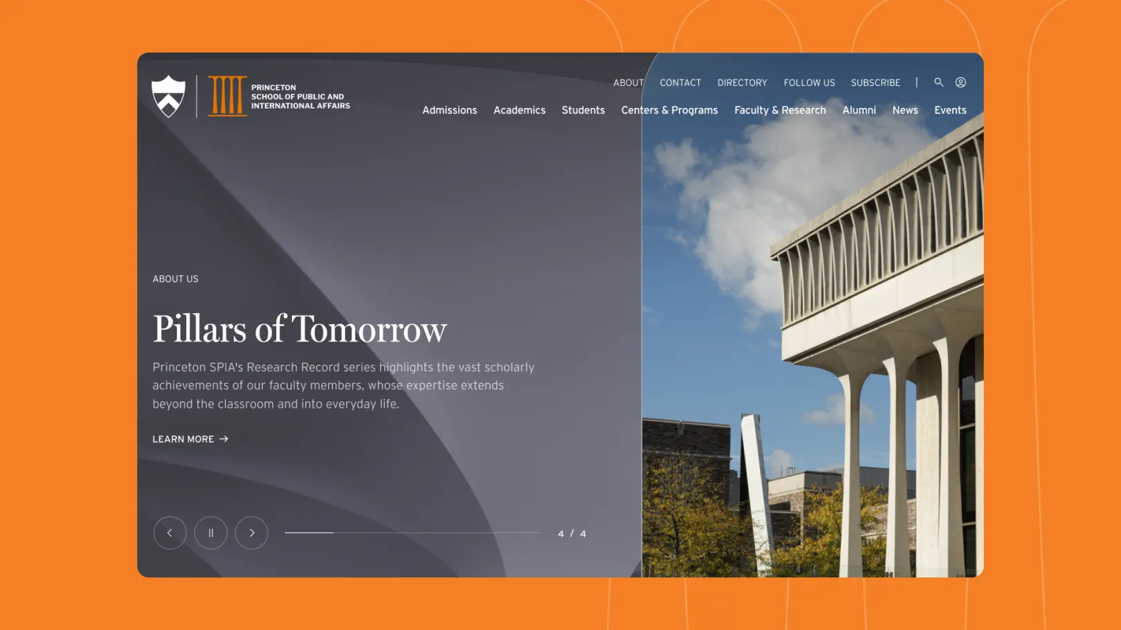 Screenshot of the Princeton SPIA website homepage, showing a hero carousel slide titled "Pillars of Tomorrow" with a dark split-panel layout and a photo of Robertson Hall.