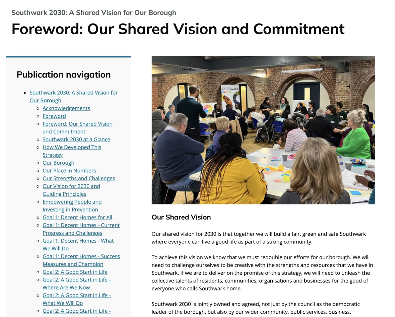 A web page screenshot with an image of people in a workshop, the title says "Southwark 2030: A Shared Vision for Our Borough Foreword: Our Shared Vision and Commitment" and the sidebar lists all of the pages in the original PDF, the content below the image talks about Southwark councils vision.