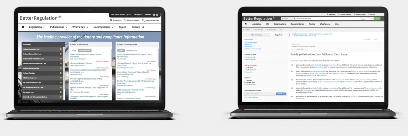 Two laptops displaying the BetterRegulation.com Drupal platform: the left screen shows the homepage with browse categories, latest publications, and commentaries; the right screen shows a legal document detail view with table of contents and cross-references.