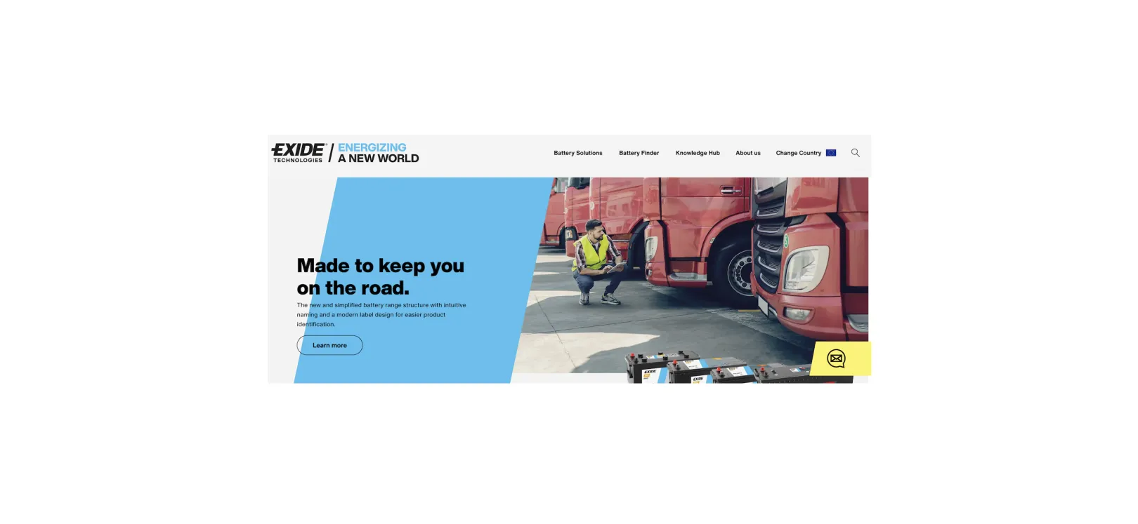 Exide Technologies homepage hero section with truck fleet imagery, simplified battery range messaging, and EMEA country navigation on exidegroup.com.