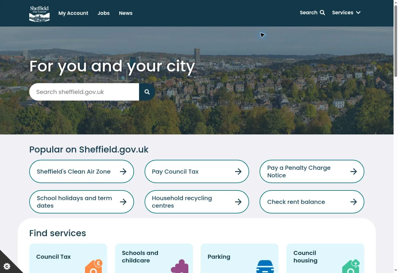 Sheffield City Council homepage showing a city panorama, a search box, popular tasks and service categories