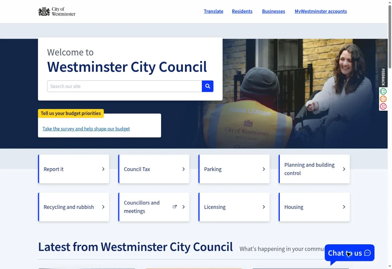 Westminster City Council homepage with search and links to council services