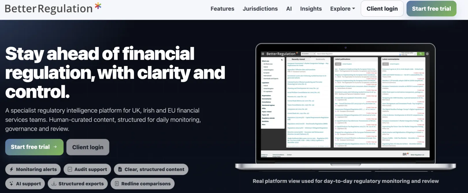 BetterRegulation.com homepage showing the subscription-based legal and regulatory compliance platform for UK and Ireland professionals.