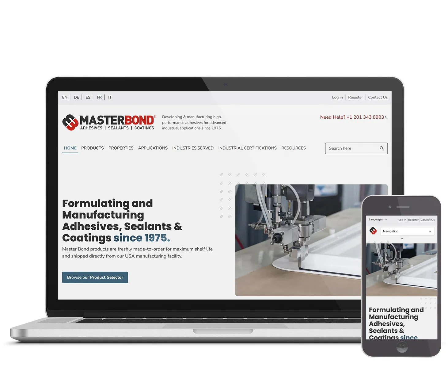 Laptop and smartphone displaying the MasterBond website, highlighting adhesives, sealants, and coatings for industrial applications.