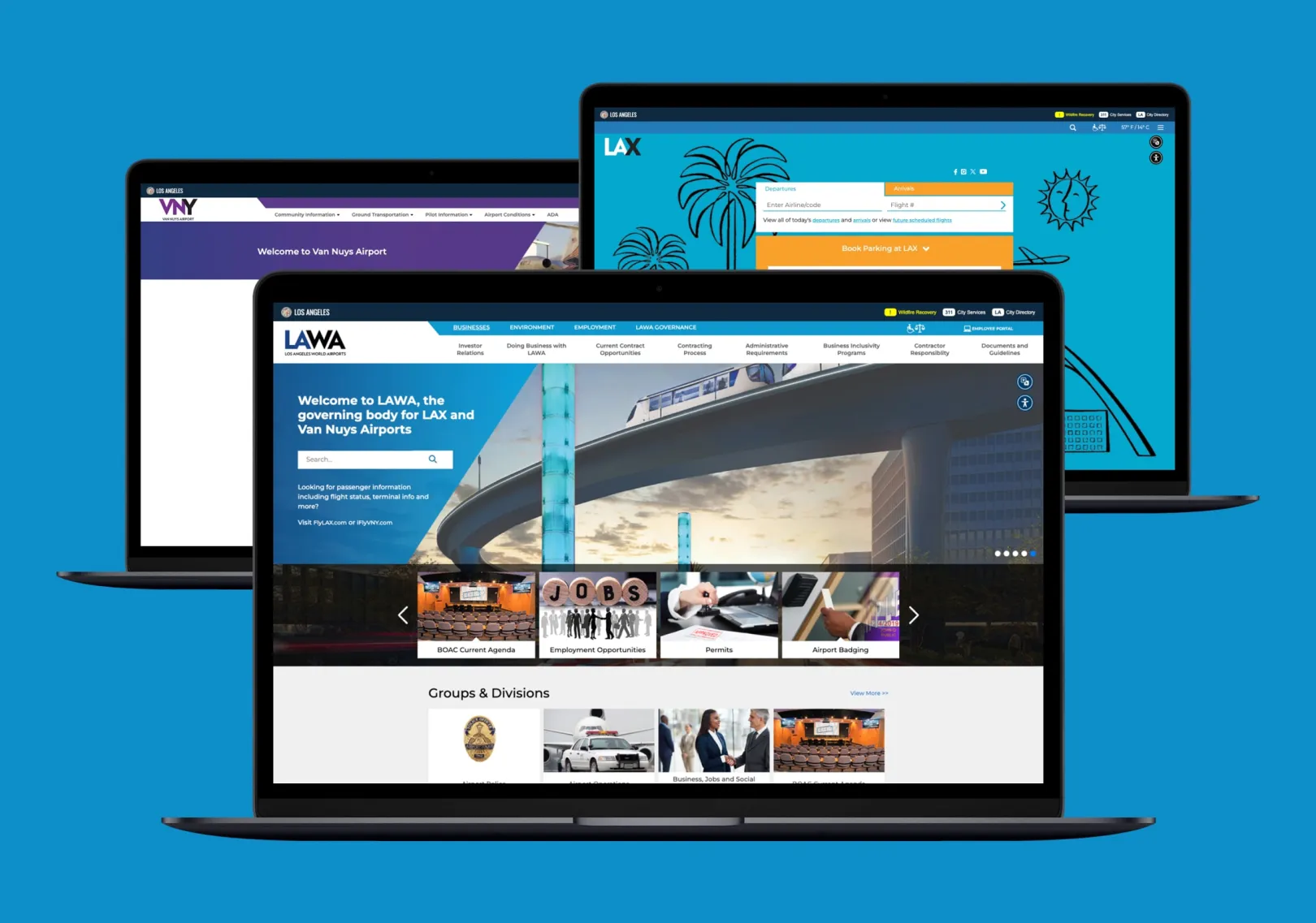 Three laptop mockups showcasing the LAWA, LAX, and VNY websites.