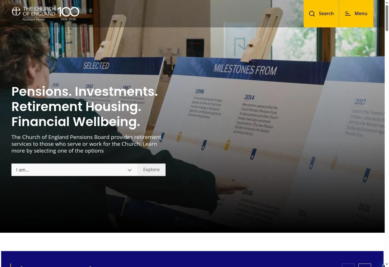 Church of England Pensions Board homepage with its centenary identity, service introduction and audience selector