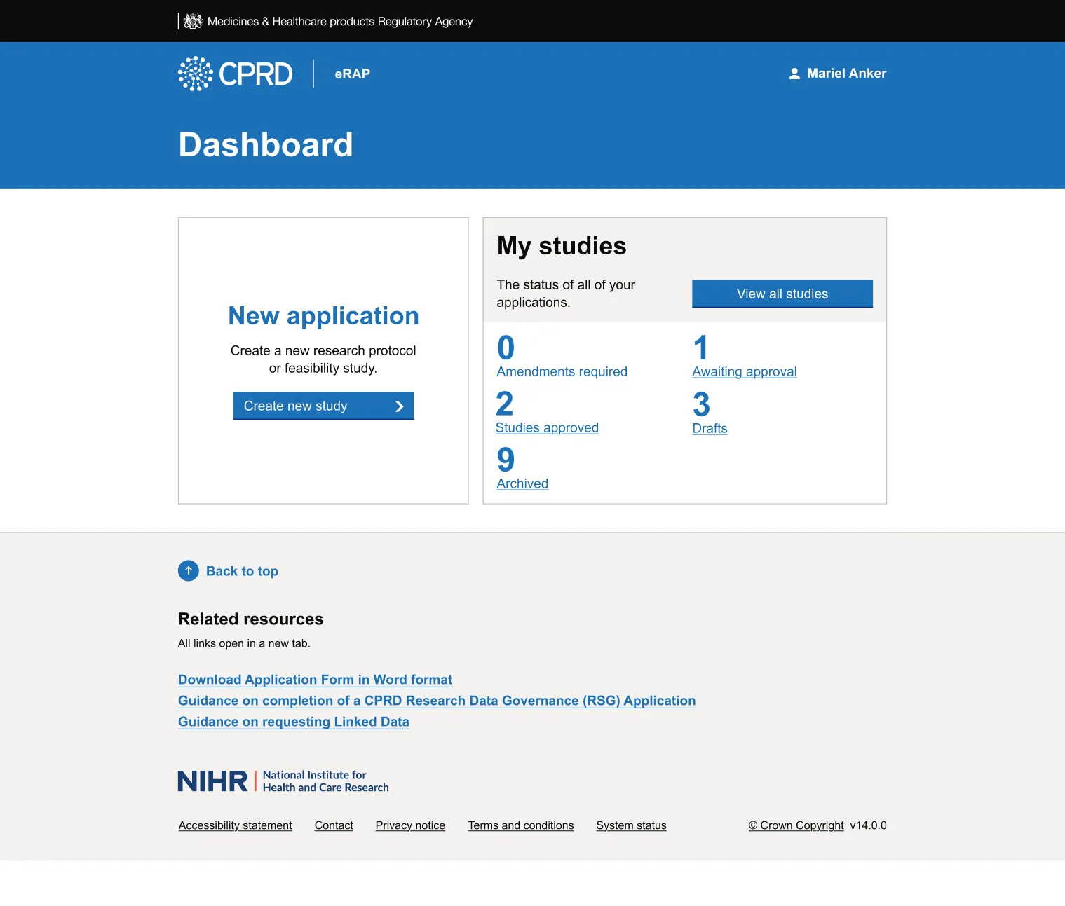 CPRD eRAP dashboard showing options to create a new research application and view study statuses, including drafts, approved and archived studies.