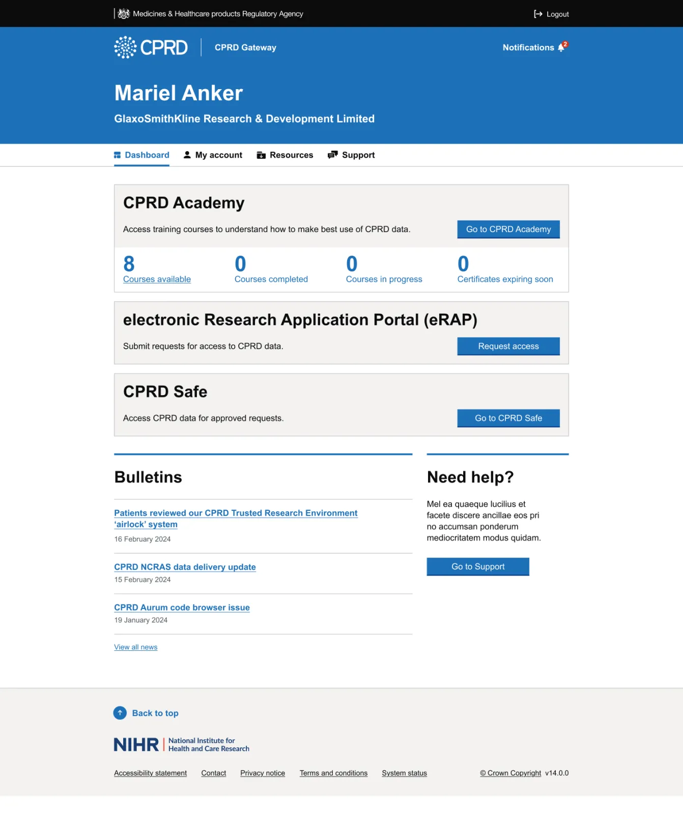CPRD Gateway dashboard showing access options for CPRD Academy, electronic Research Application Portal (eRAP) and CPRD Safe, with bulletin updates and support links.