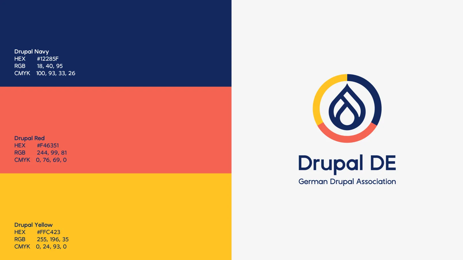 Drupal DE logo with a color palette in blue, orange, and yellow, including CMYK values