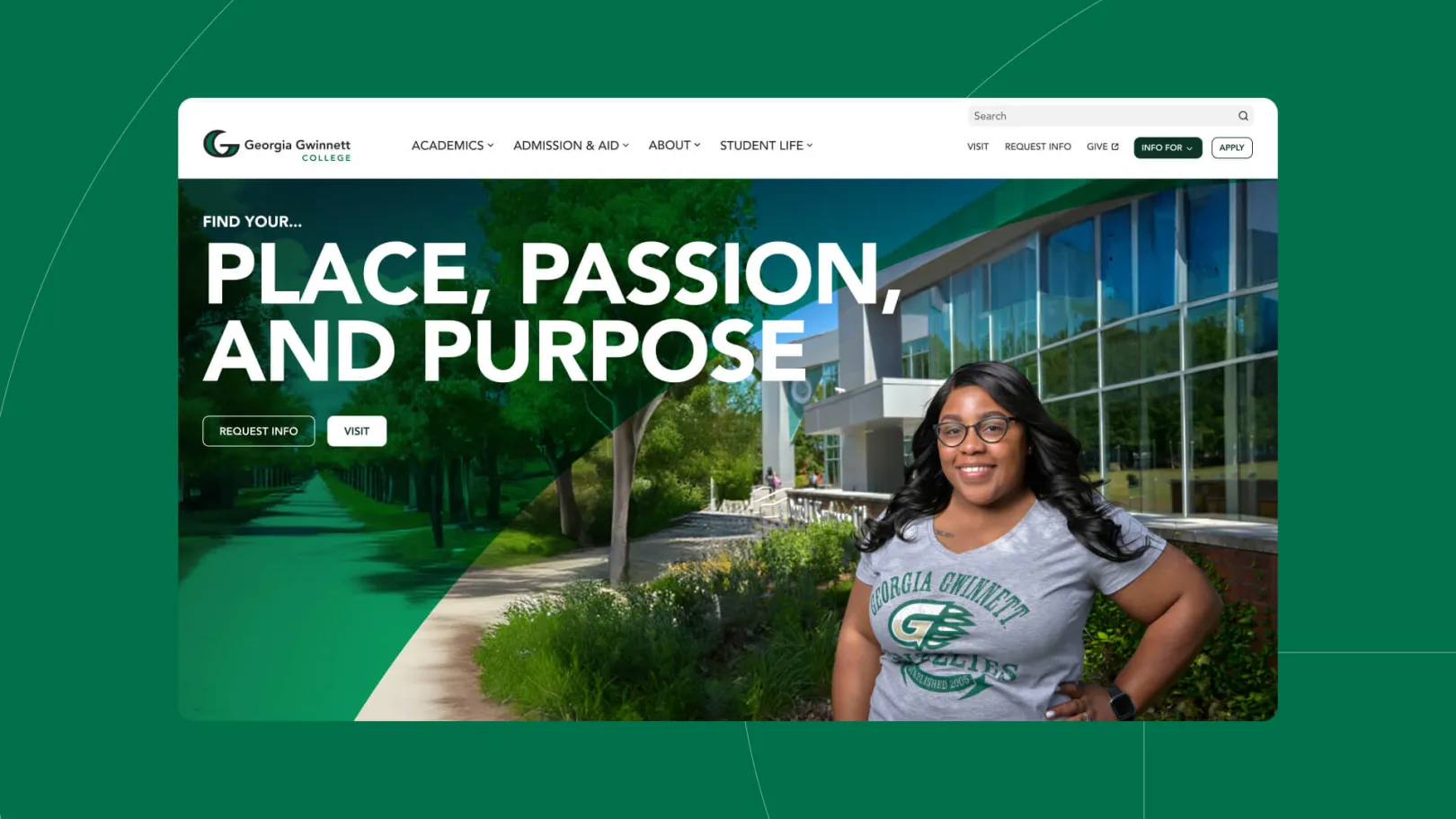 Georgia Gwinnett College homepage featuring a student standing on campus with the headline “Place, Passion, and Purpose”.