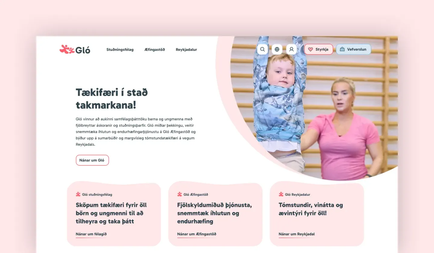 Screenshot of the main home page of the Gló website.