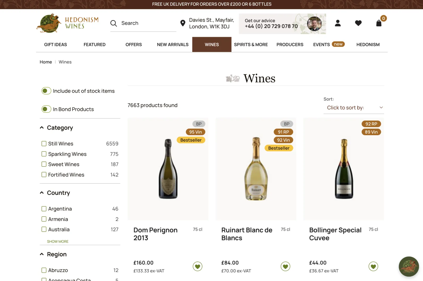 wines listed on the Hedonism website under wines 