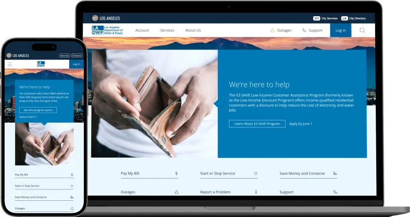 LA Department of Water and Power homepage on mobile and laptop mockups