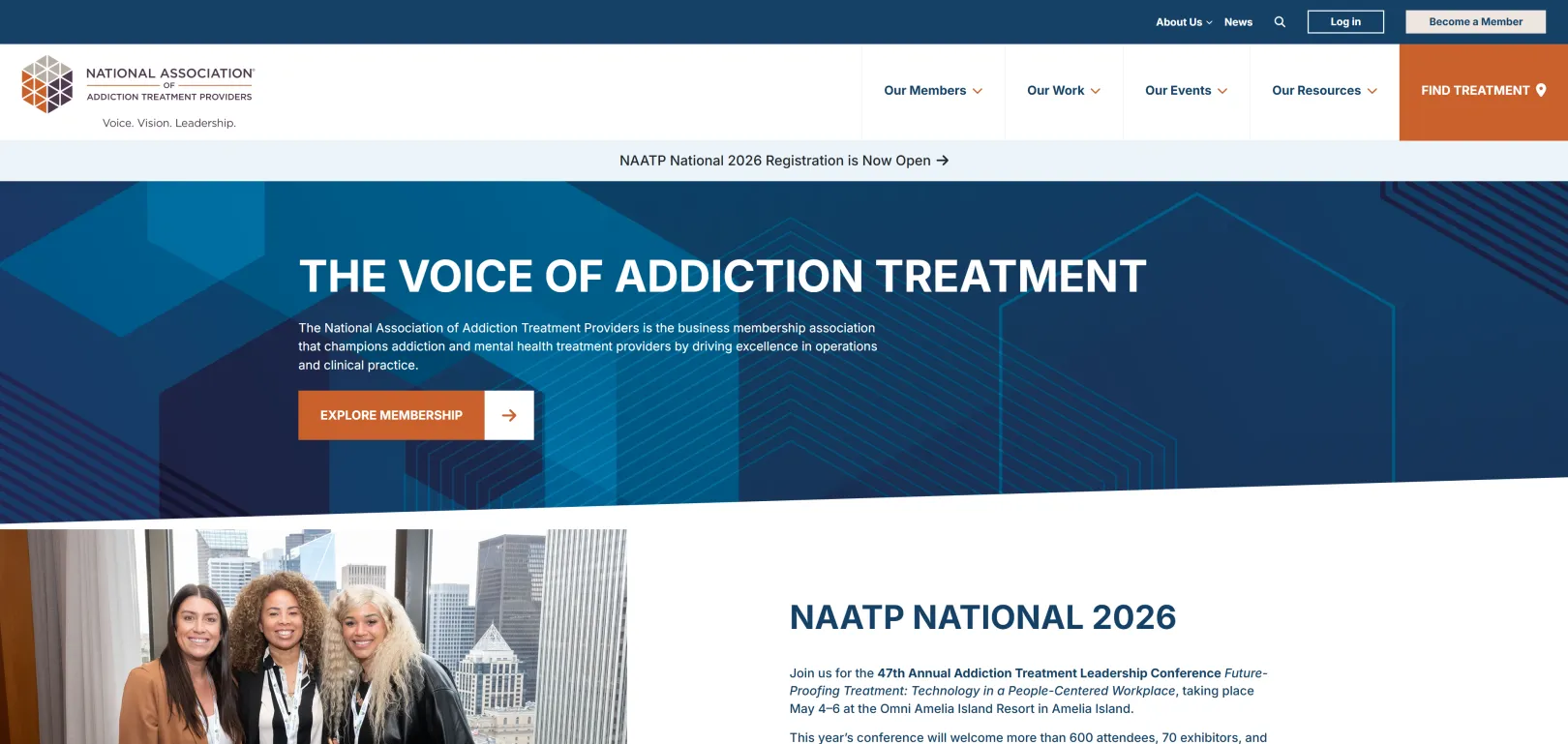 NAATP.org homepage with logo, blue banner and women smiling
