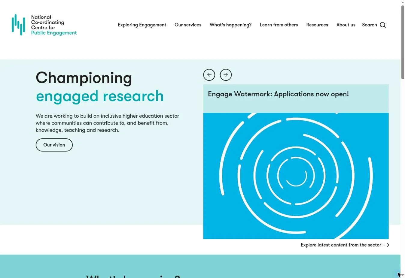 NCCPE homepage with navigation, the heading “Championing engaged research” and a featured Engage Watermark promotion