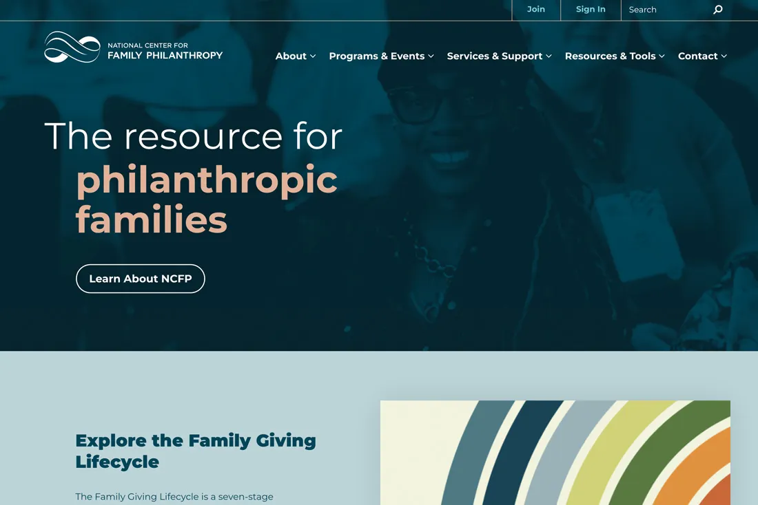 The homepage of the National Center for Family Philanthropy, featuring a tagline that says "The resource for philanthropic families."