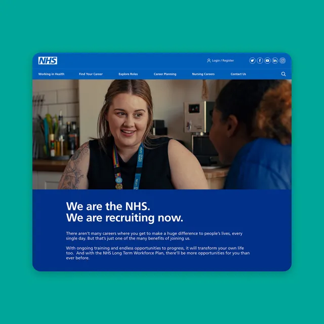 NHS Health Careers homepage banner showing two NHS staff members talking, with headline text “We are the NHS. We are recruiting now.”