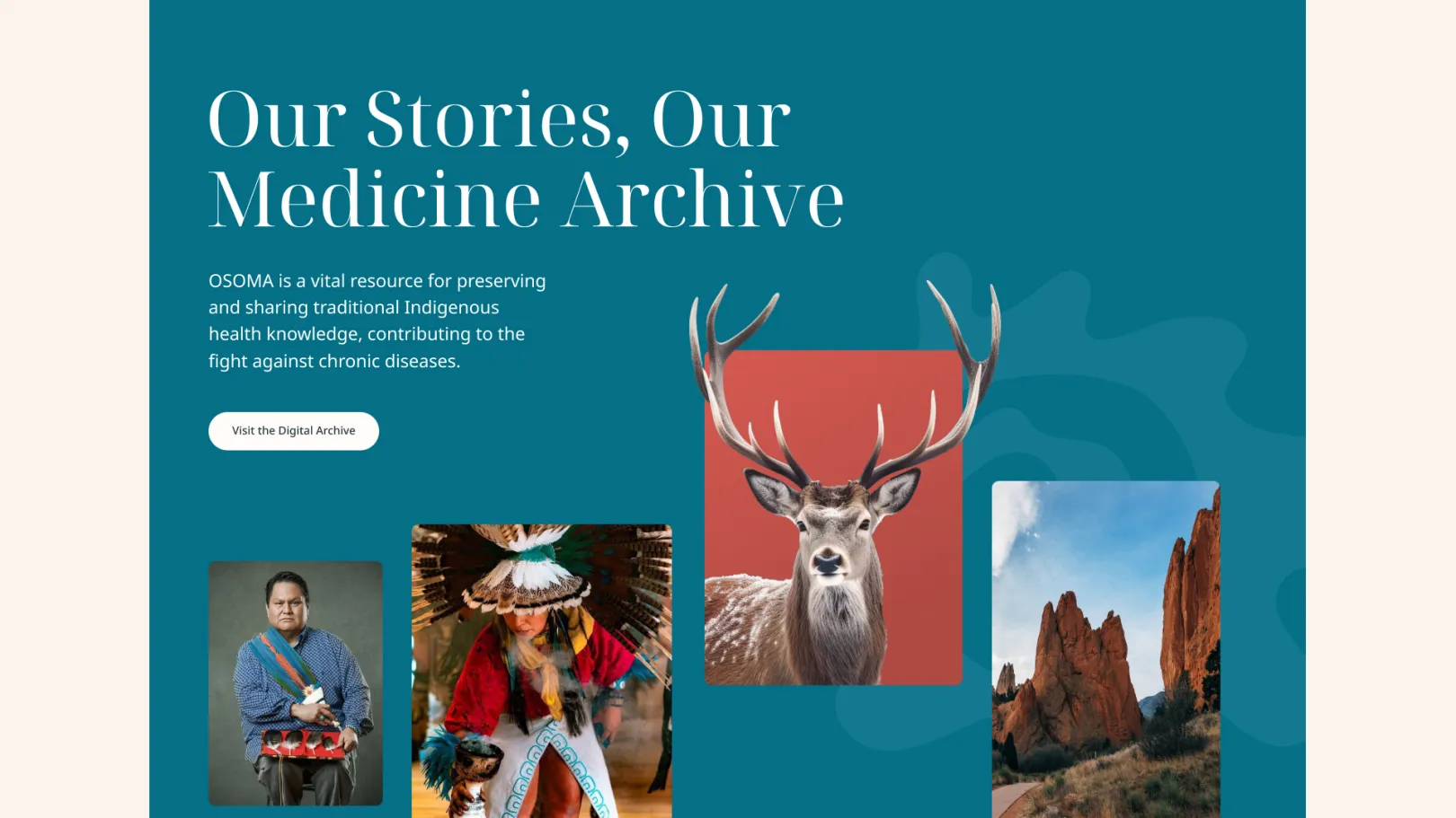 OSOMA homepage promoting a digital archive of Indigenous health knowledge with images of people, wildlife, and landscapes.”