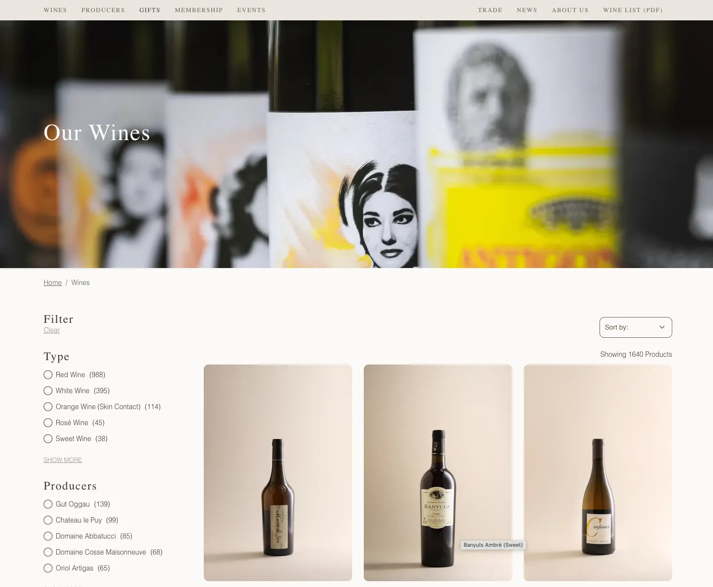 Homepage of the Dynamic Vines website with a list of wines displayed 